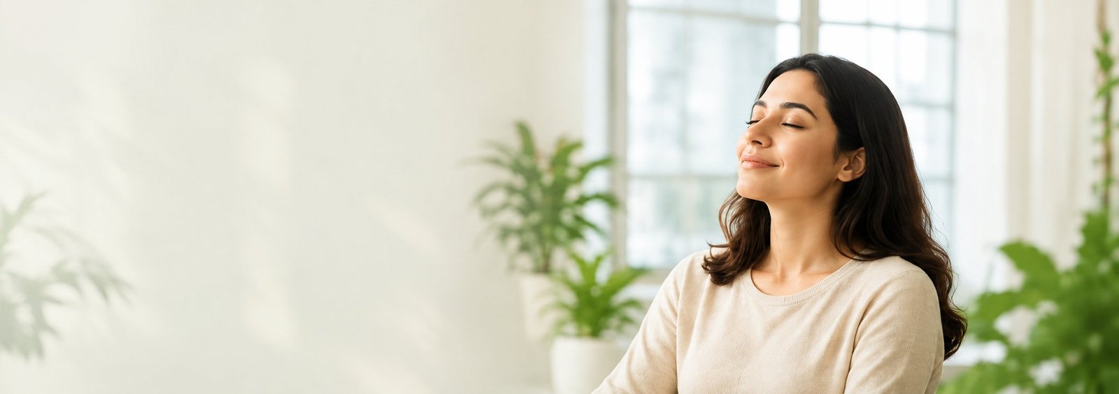 Woman relaxed with eyes closed in a bright, plant-filled room